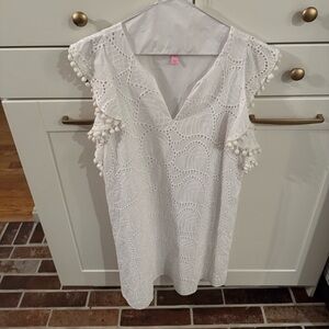 Lilly Pulitzer White Eyelet Dress with pompom sleeves